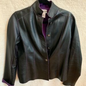 Chico’s Black Leather Jacket. Reversible with Purple Suede on the inside